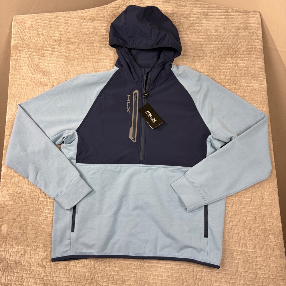 RLX Ralph Lauren Mens Blue Quarter Zip Performance Hoodie Sweatshirt Large NWT